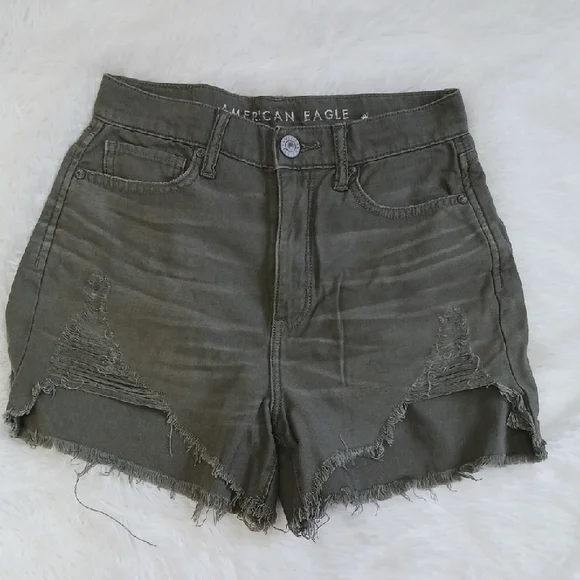 American Eagle Outfitters Green Jean Shorts Distressed High-Waisted - Picture 1 of 2